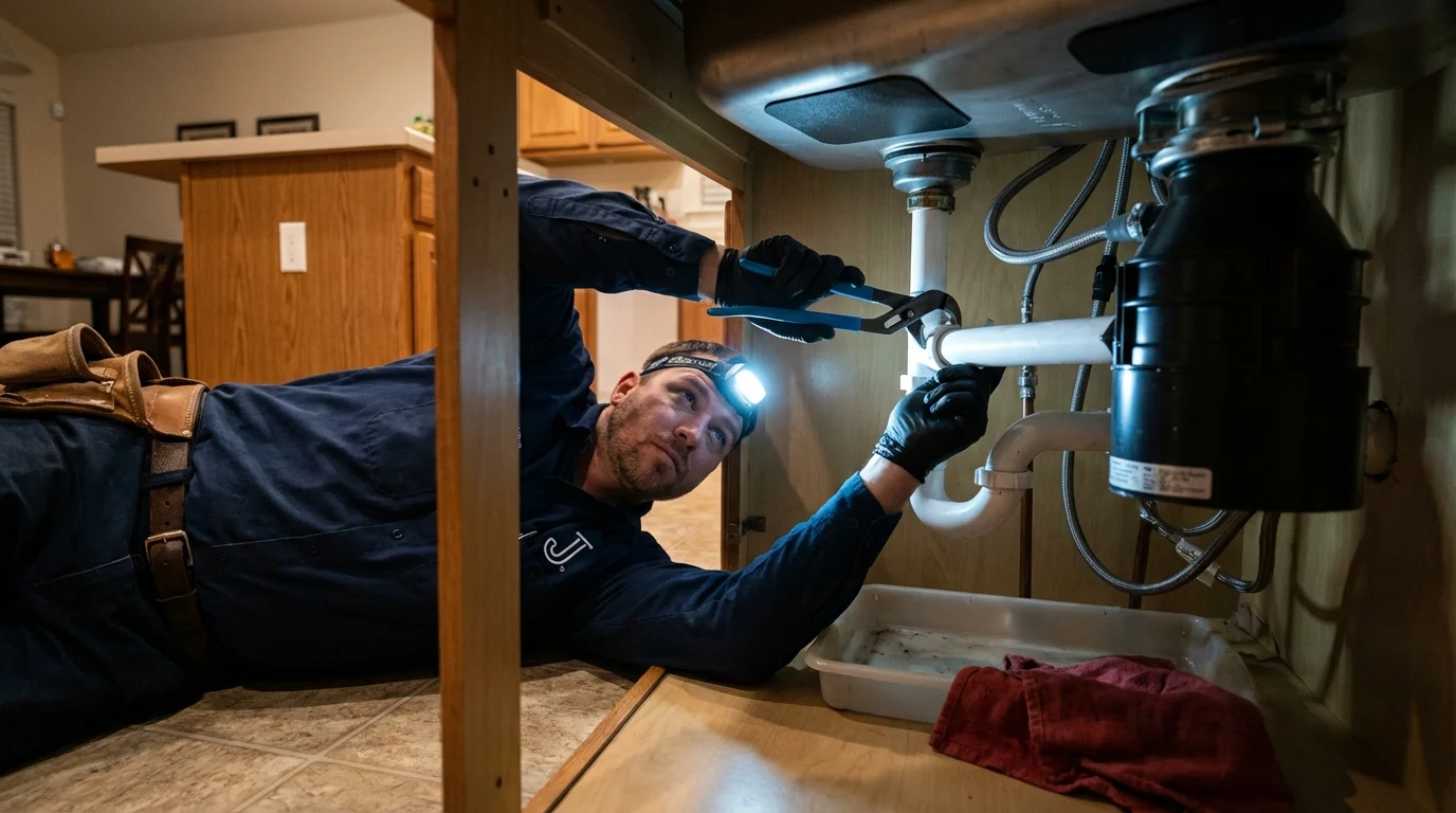 P-trap and supply line connections under a kitchen sink showing a common leak point in Covington, KY